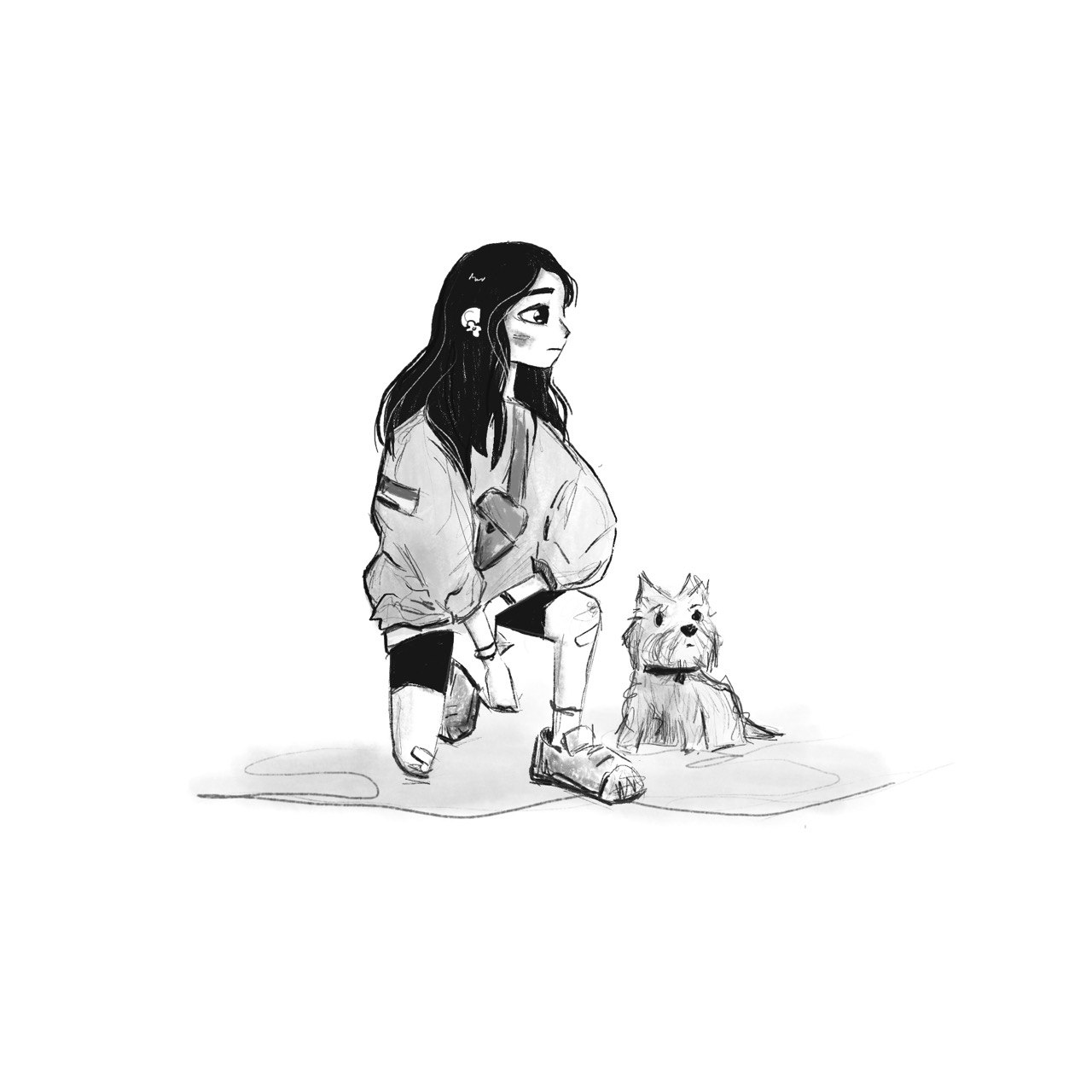 Hand-drawn sketch of a person kneeling beside a small scruffy dog