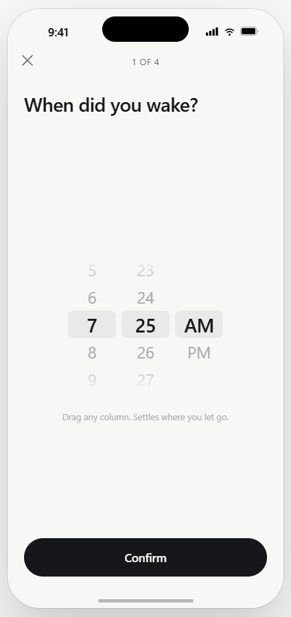 Step 1 of 4 — wake time, a native scroll-snap wheel