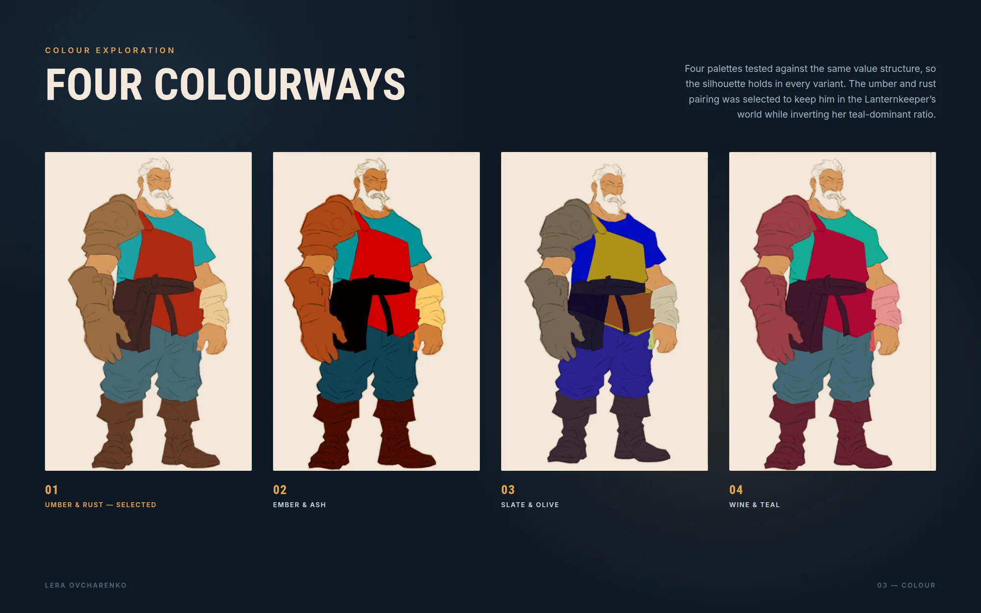 The Bellwright — colour exploration across four palettes