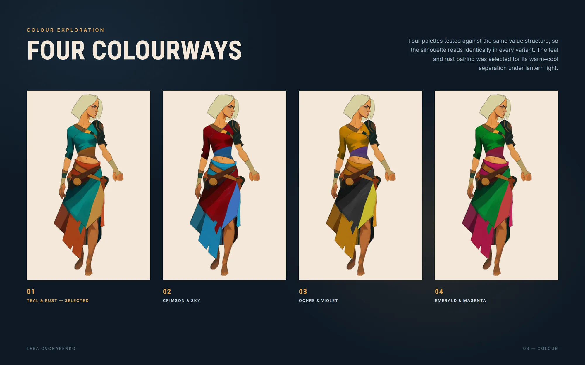 The Lanternkeeper — colour exploration across four palettes